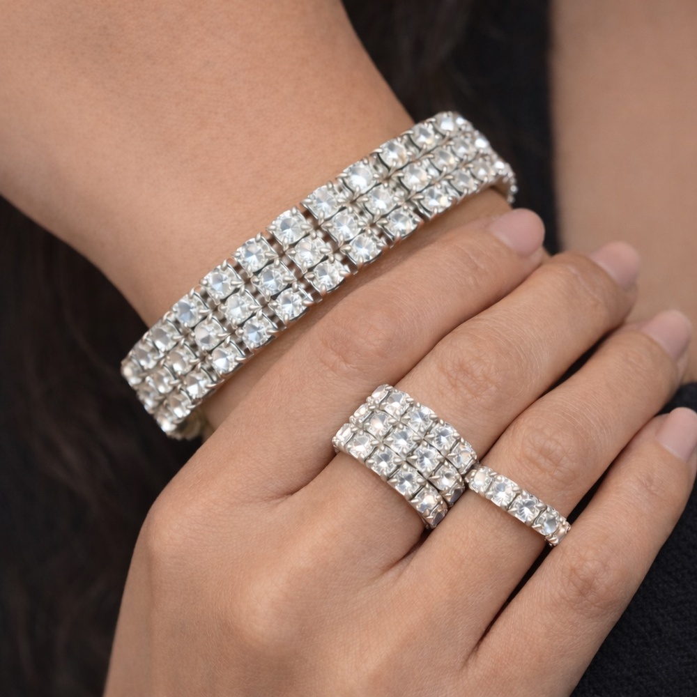 Vintage Rhinestone Stretch Bracelet with Two Matching Rings